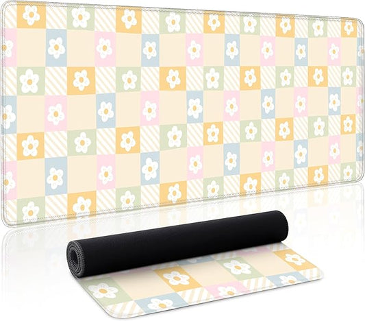 Cute Checkered Mouse Pad Large Desk Mat Extended Keyboard XL Mouse Pad Kawaii Mousepad with Non-Slip Base and Stitched Edge Daisy Mouse Mat Desk Pad 31.5 x 11.8 in Mouse Pads for Desk Home Office