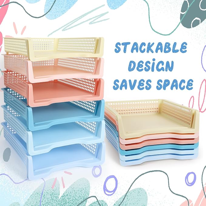 Tenceur 6 Pcs Turn in Trays Classroom, Stackable Tray for Classroom Plastic Storage Baskets Teacher Organizers for Library Drawers Office Desk (Trendy,Soft Color,13.3 x 9.5 x 2.7 Inches)
