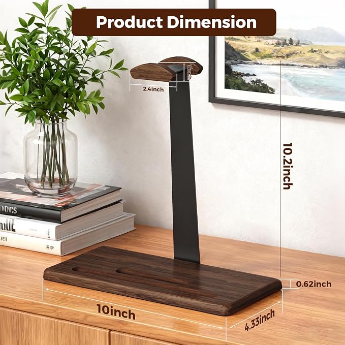 Walnut Headset Stand for Desk with Phone Holder | Headphone Stand Headphone Holder (Dark Walnut)