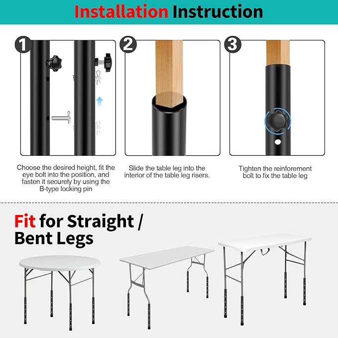 8-Pack Folding Table risers, Dural Folding Table Leg Extensions 4 Levels/Heights Table Leg Extenders 3.6in | 6.77in | 10in | 13in-All for Treating Your Back Pain