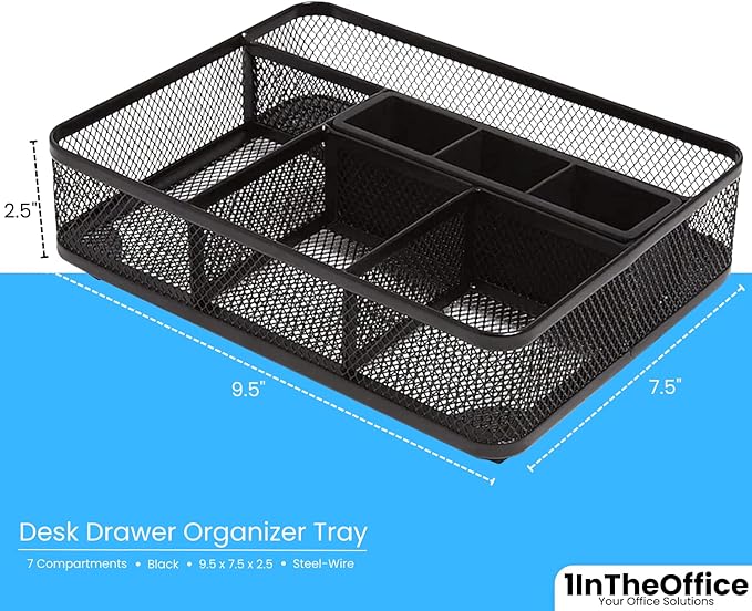 1InTheOffice Mesh Collection Desk Drawer Organizer Tray, 7 Compartment, Matte Black