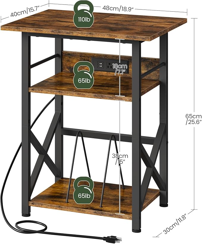 CHOEZON Record Player Stand with Power Outlet, Vinyl Record Storage Side Table, 19" Large Tabletop, Charging Station & Crossed Frame Design for Turntable, Rustic Brown and Black TBZ48UBF