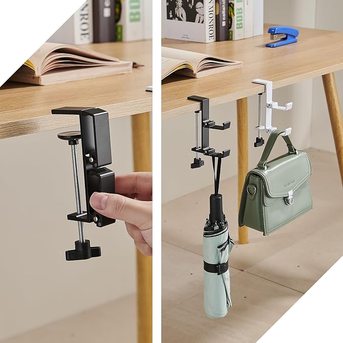 Heavyrain Desk Edge Headphone Holder and Bag Hook, Clamp-On Design, No Drill Installation, Metal, Black