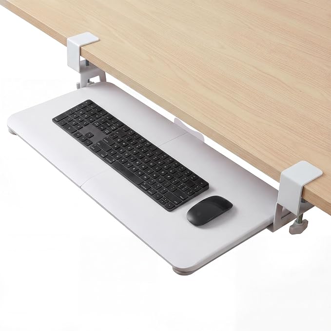White Keyboard Tray Under Desk Clamp, 26.77" Large Under Desk Keyboard Tray Slide Out, Ergonomic Keyboard and Mouse Tray with Wrapped Edge Finish, Modern Desk Extender for Home Office