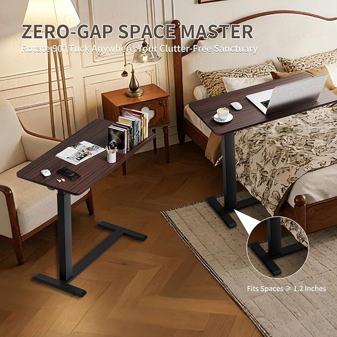 Ywin Overbed Bedside Table with Wheels, Medical Adjustable Hospital Bed Table with Pneumatic Lift for Home Use, Black Walnut Wood Look Tray Desk for Couch and Bed (Black Walnut)