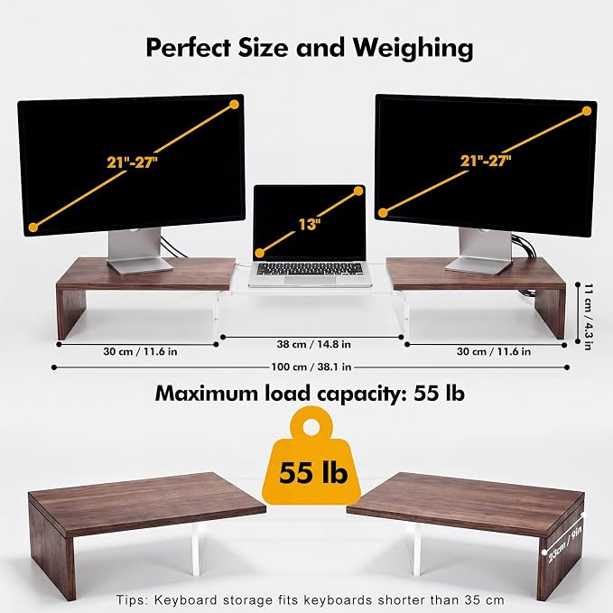 High-Clarity Dual Monitor Riser, Desk Organizer for Computer Monitor, Acrylic Monitor Riser with Keyboard Storage, Adjustable Angle & Length Computer Monitor Stand Walnut Look