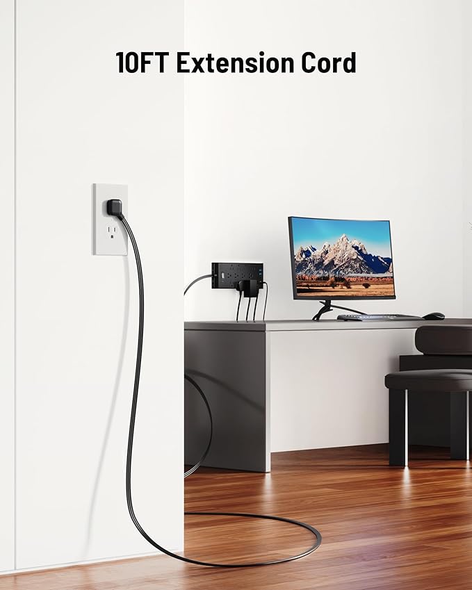 Surge Protector Power Strip 4800J, LeZone 10Ft Long Extension Cord Flat Plug, 12 Outlets 2 USB C 2 USB Ports, Wall Mountable, Desk Charging Station, Black