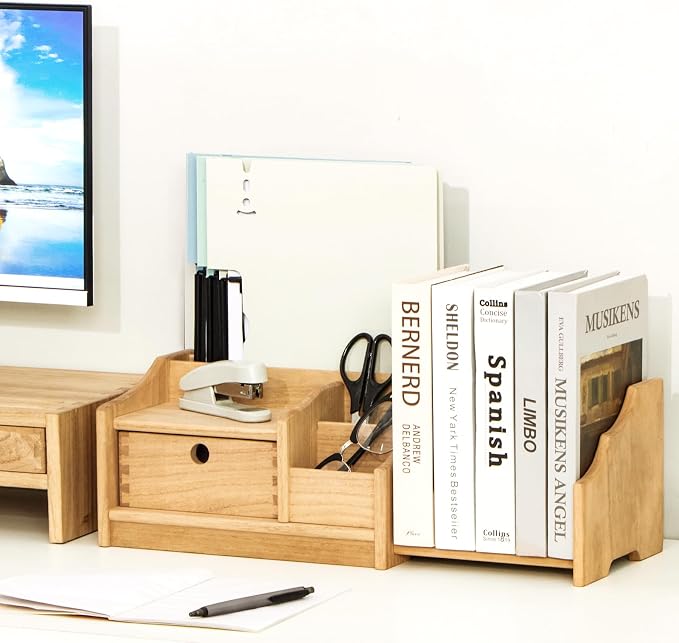 KIRIGEN Desktop Bookshelf Organizer with Drawer, Expandable Wood Desk Shelf, Fully Assembled Book Rack for Office Supplies, Files and Notebooks, Brown, 12.24 to 22.7 in Adjustable Width, SSSJ-S-NA