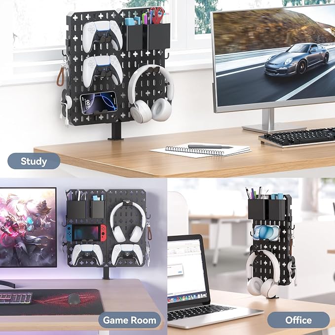 KDD 7 in 1 Clamp-on Desk Pegboard - No Drill Desk Side Storage with Phone Stand/Pen Holder/Storage Box/Headset & Controller Holder/Hooks, Detachable Gaming Pegboard for Office & Home Desktop Organizer