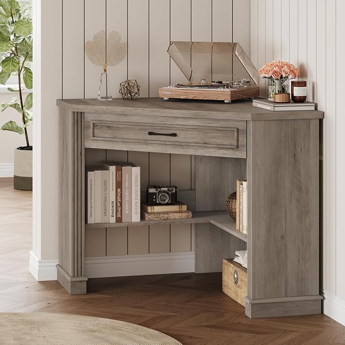 SEDETA 31.5" Small Corner Desk, Corner Desk for Small Space, Farmhouse Computer Desk with Drawers, Triangle Computer Desk with Storage Shelves for Home Office, Living Room, Bedroom, Gray