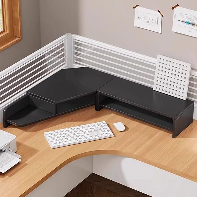 Ergonomic Corner Monitor Stand Riser, Desktop Corner Shelf with Cup Holders and 2 Tiers Storage, Space Saving Desk Organizer Stand for Study Room (Wood color)