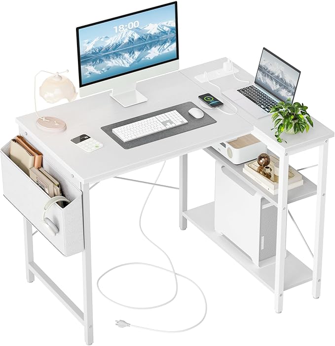 TIQLAB Small Computer Desk with Power Outlets, 40 Inch L Shaped Desk with Reversible Shelves, Gaming Desk Corner Desk Study Writing Desk for Home Office Bedroom Small Space, White