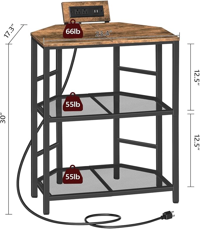 MAHANCRIS Corner Printer Stand with Charging Station, 3-Tier Large Printer Table with Adjustable Feet, Metal Frame Storage Shelf for Office, Living Room, Small Space, Rustic Brown PTHR14E01