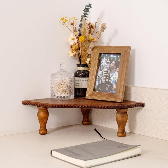 BONNY DODO Wood Vintage Brown Corner Pedestal Stand, Rustic Decorative Riser for Display, Farmhouse Wood Corner Counter Shelf with Cube for Kitchen, Bathroom, Dressing Table (Drah Brown)