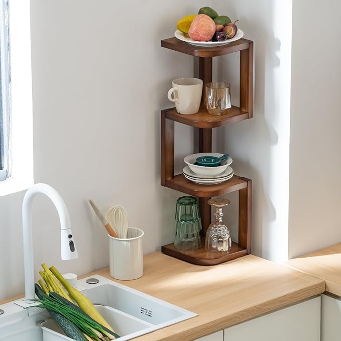 Corner Shelf Stand Desk Organizer,26.8" H Rubberwood Brown Rack for Small Spaces, Bedroom,Home Office,Kitchen,Bathroom (Walnut, 4 Tier)