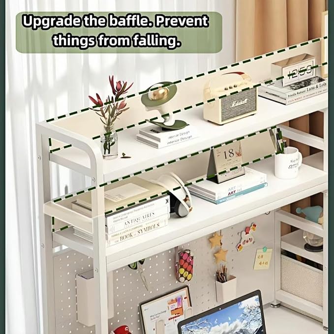 Desktop Bookshelf, pegboard Storage and Organization Rack, Dorm Desk Shelf, Desk Hutch, Desktop Storage for Office, Study, Student Display Rack,Desktop Shelves (White 45.3" Lx9.9 Wx37 H)