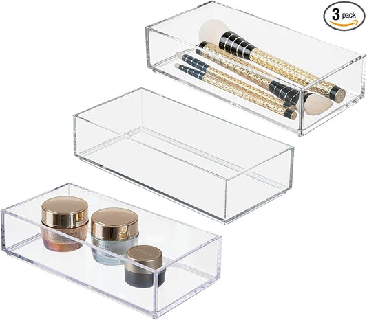iDesign Stackable Makeup Drawer Organizer, Set of 3, Clear | Vanity Organizer, Desk Organizer