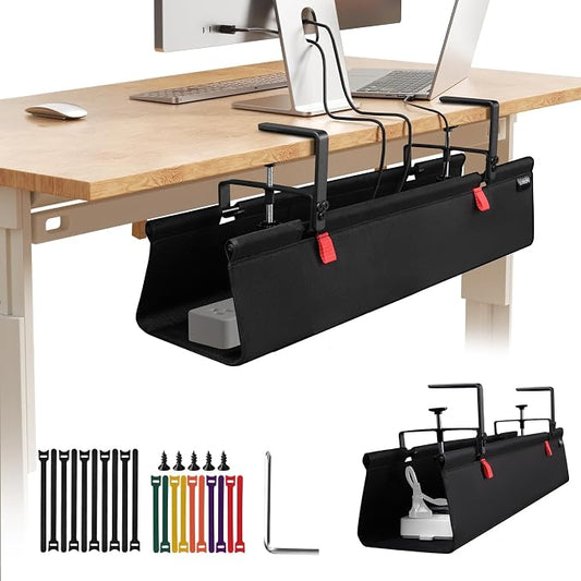 No Drill Under Desk Cable Management Tray, 28" Cable Management Under Desk, Standing Desk Organizer for Table, Desktop Wire Cord Organizer Black Fabric Cord Management for Home Office
