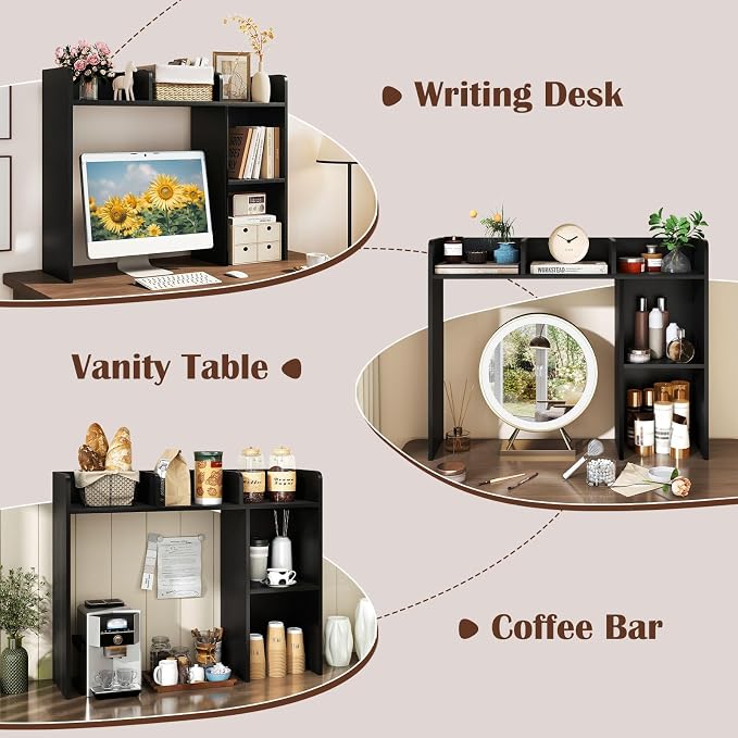 MAT EXPERT Desk Organizer, Wooden Desktop Shelf for 27 Inch Monitor with 5 Shelves & Non-Slip Foot Pads, Anti-Tipping Device, Multipurpose Desk Hutch for Study, Office, Dorm (Black)