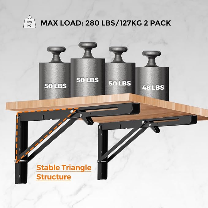 Ravinte 4 Pack 22 Inch Folding Shelf Brackets – Matte Black, Heavy Duty Collapsible Brackets for Tables and Benches – Space-Saving Design