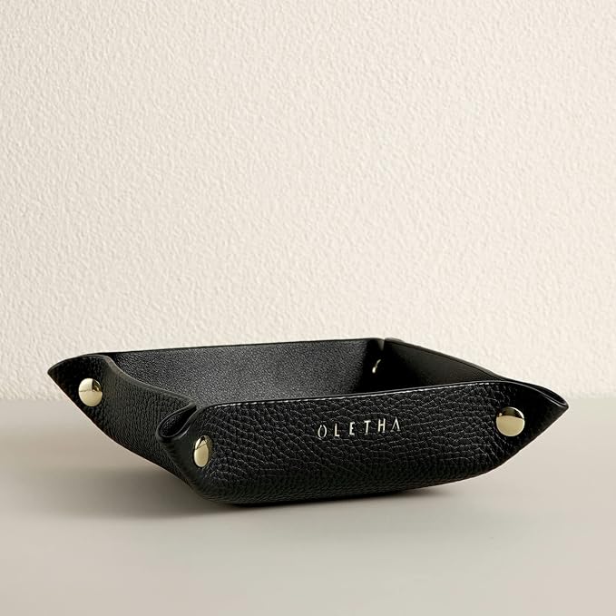 OLETHA Small Foldable Valet Tray - Aesthetic Desk Organizer for Home, Office & Travel - Portable Catch All Bowl for Keys, Jewelry & Essentials - Black