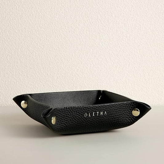 OLETHA Small Foldable Valet Tray - Aesthetic Desk Organizer for Home, Office & Travel - Portable Catch All Bowl for Keys, Jewelry & Essentials - Black