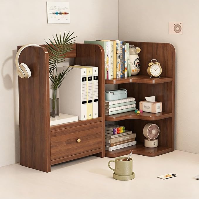 Desktop Shelf Organizer Corner Bookshelf, Computer Desktop Bookshelf Storage Rack for Desk Top, Wooden Desk Storage Hutch with Drawer, 3 Tier Desktop Organizer Shelf(Brown,50+30CM/19.7+11.8IN)