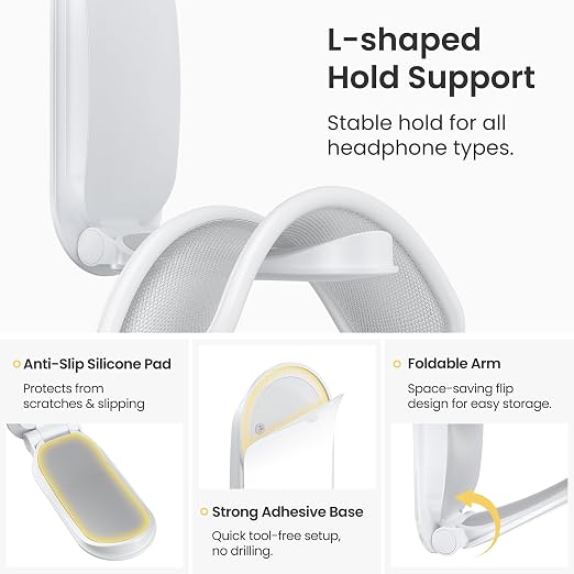 Itramax Wall Mount Headphone Hanger,Adhesive Headset Holder for Desk,2 Pack Foldable Headphone Monitor Stand Holder,Sticky PC Gaming Headset Earphone Hook for AirPods Max,HyperX,Sennheiser,Xbox-White