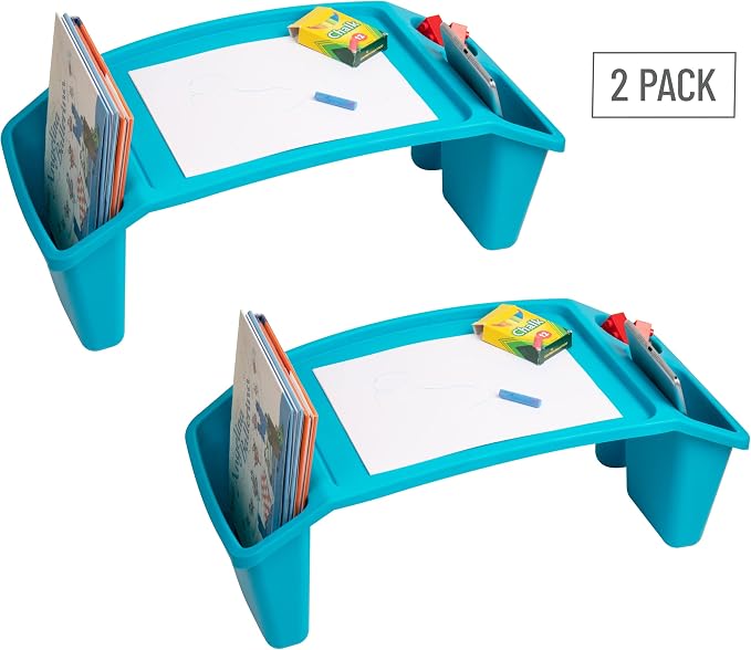 Mind Reader Kids Lap Desk, Portable Activity Tray with Side Storage, Stackable Plastic Desk for Drawing, Snacks, Study, Set of 2, Blue