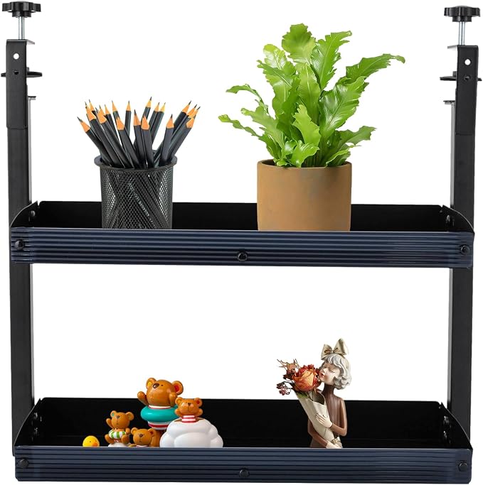 Clamp on Desk Shelf, 2 Tier Desk Extender Side Table with Adjustable Metal Storage Tray Capacity 22 lbs for Offices, Bedrooms, Living Rooms (Black)