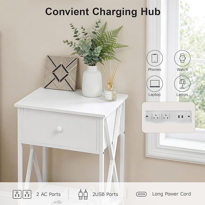 VECELO End Table with Charging Station, Night Stand with Drawers, 2-Tier Bedside Tables with USB Ports & Outlets, Side Table with Storage Shelf for Living Room/Bedroom, White