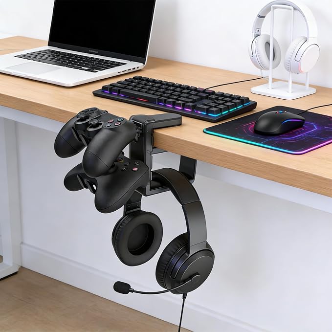 Controller Holder & Headphone Stand,3-in-1 Rotatable Under Desk Hook Compatible with PS5/Xbox,Dual Game Controller Stand & Headset Hanger, Gaming Desk Organizer (Black)