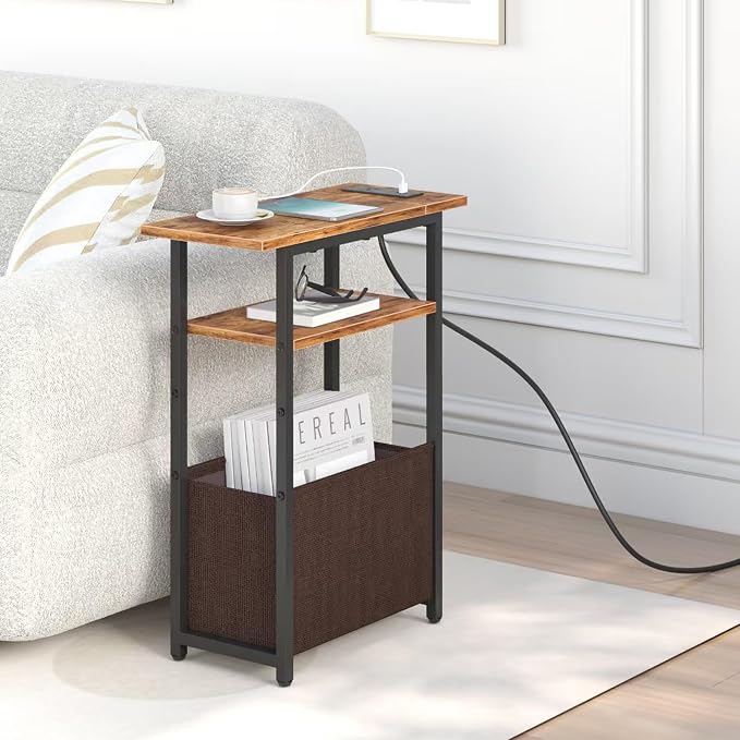 sthmec Narrow Side Table with Charging Station, Small End Table for Small Spaces, Skinny Nightstands with Storage Basket, 3 Tier Sofa Couch Bedside Tables for Living Room,Bedroom, Rustic Brown