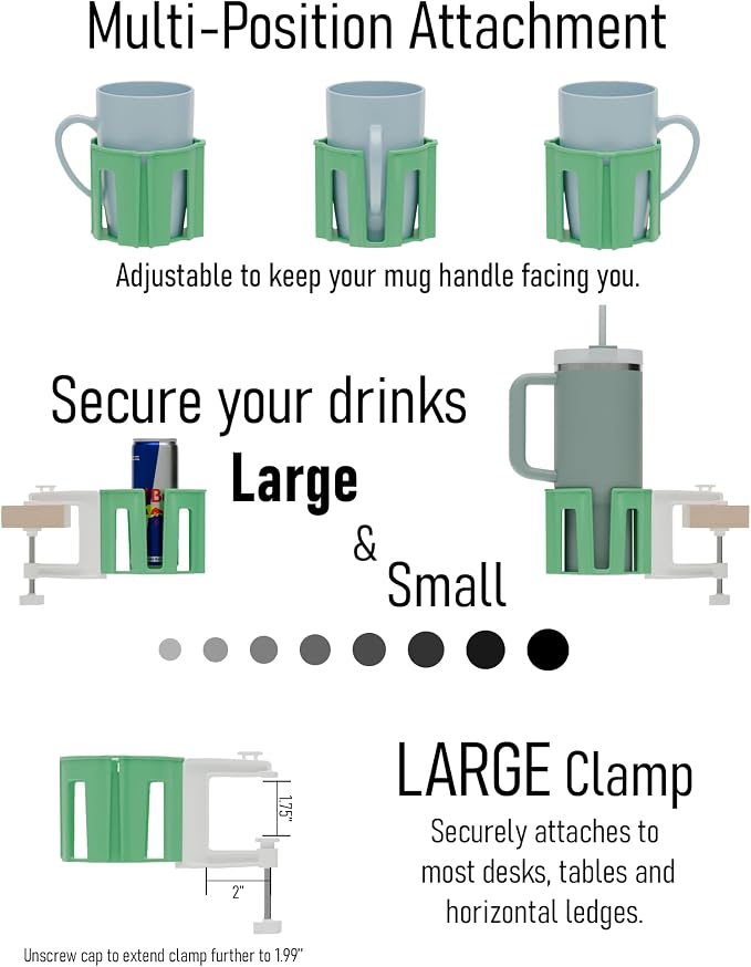 Original Large Desk Cup Holder Clamp Green | Anti-Spill Mount, Multi-Directional Drink Holder, Headphone Hanger, For Table, Desks, Office & Gaming Setup