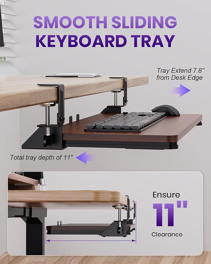 Ergonomic Mouse & Keyboard Tray Under Desk, Pull Out with Adjustable C-clamp, 20 (25.9 Including Clamps) x 11.8 Inch Slide Out Computer Keyboard Drawer Mouse Tray for Typing, Walnut