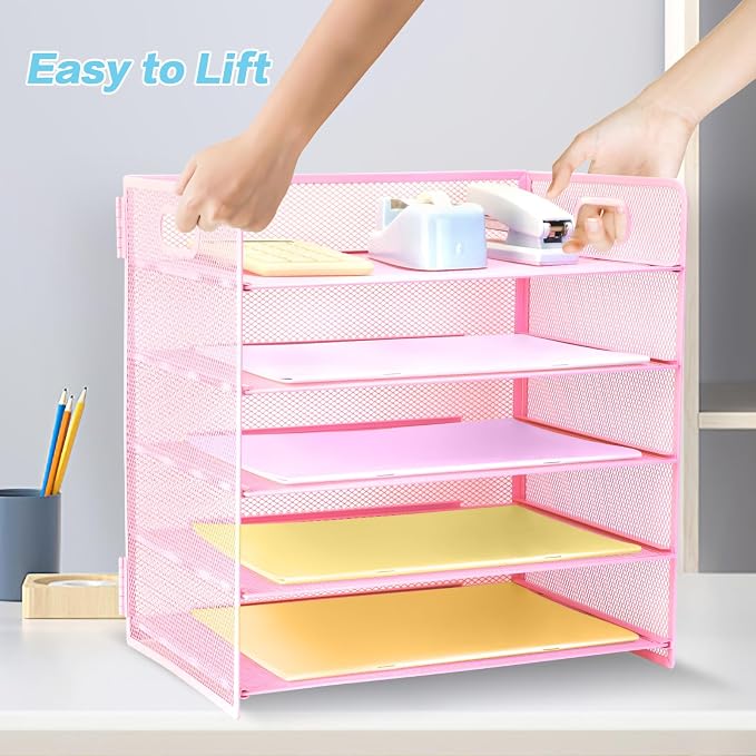 5 Tier Lettrer Tray Organizer with Handle, Metal Mesh Desk File Organizer with Sliding Trays, Paper Sorter Desk for Home Office School, Pink