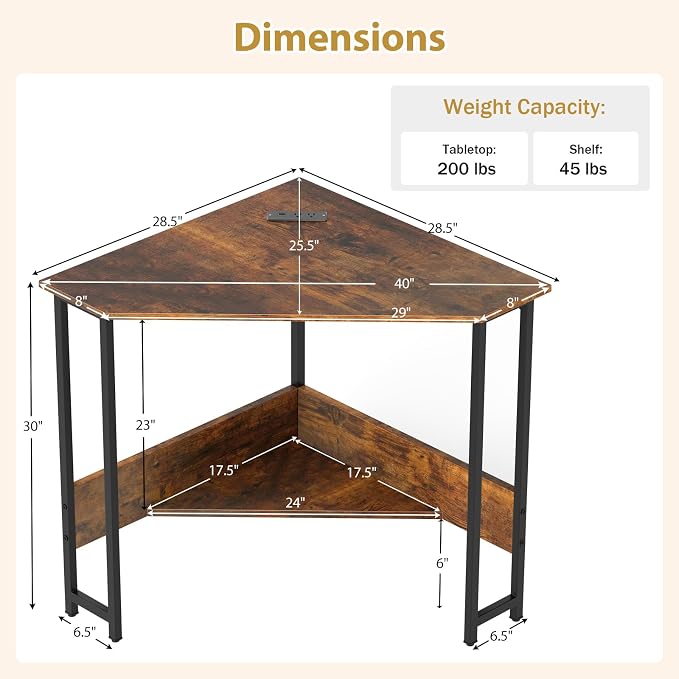 Tangkula Corner Desk with Power Outlet & USB Ports, Triangle Computer Desk with Charging Station, Storage Shelf, Space Saving Writing Desk, Vanity Table, Corner Desk for Small Space (Rustic Brown)