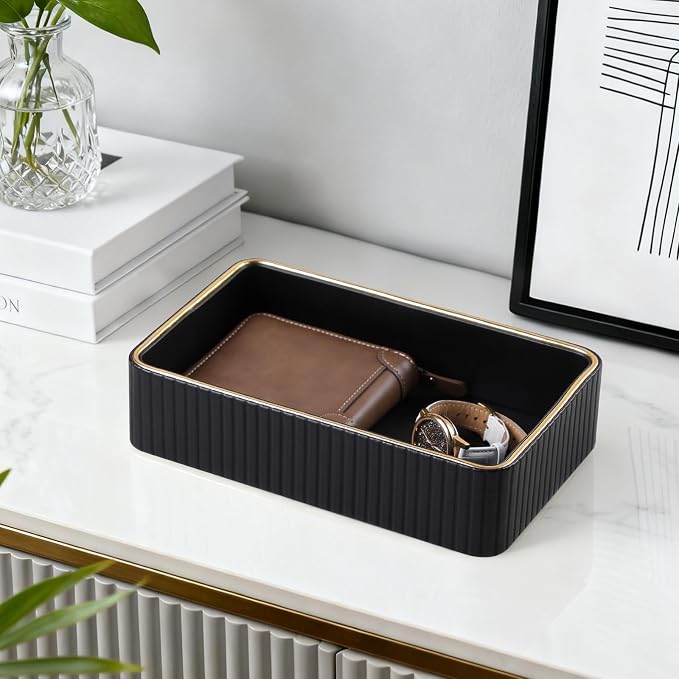Desk Organizer Tray, PU Leather Nightstand Organizer Perfume Valet Tray for Men Women, Decorative Vanity Trays Trinket Dish Key Bowl for Entryway Table (Black, Small)
