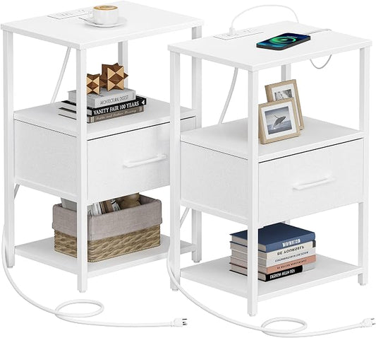 TUTOTAK Nightstand Set of 2, Night Stand with Charging Station, End Table, Bedside Table with Fabric Drawer, Side Table for Livingroom and Bedroom, White TB01BW0692