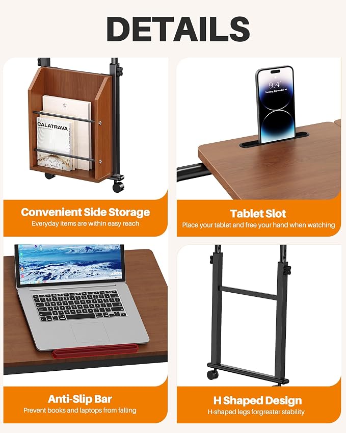 Laptop Desk for Bed,6-Angle Adjustable Overbed Table with Wheels,Adjustable Height and Length Bed Table for Laptop with Side Bookshelf,Standing Desk,Over Bed Desk for Working Hospital Home (Oaken)