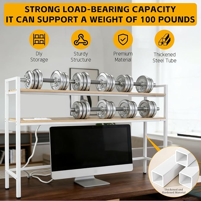 38.5" Desk Shelf with Outlets, 2-Tier Adjustable Multipurpose Engineered Wood Organizer Desk Hutch, Office Storage Rack, Desktop Shelf Organizer for Dorm,Office Home(Nature)