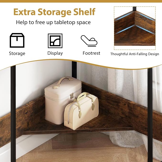 Tangkula Corner Desk with Power Outlet & USB Ports, Triangle Computer Desk with Charging Station, Storage Shelf, Space Saving Writing Desk, Vanity Table, Corner Desk for Small Space (Rustic Brown)