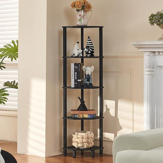YUFAM 5-Tier Corner Shelf with Sturdy 5-Leg Base, Wooden Corner Bookshelf for Small Spaces, Corner Standing Shelf for Living Room, Bedroom, Office, Black