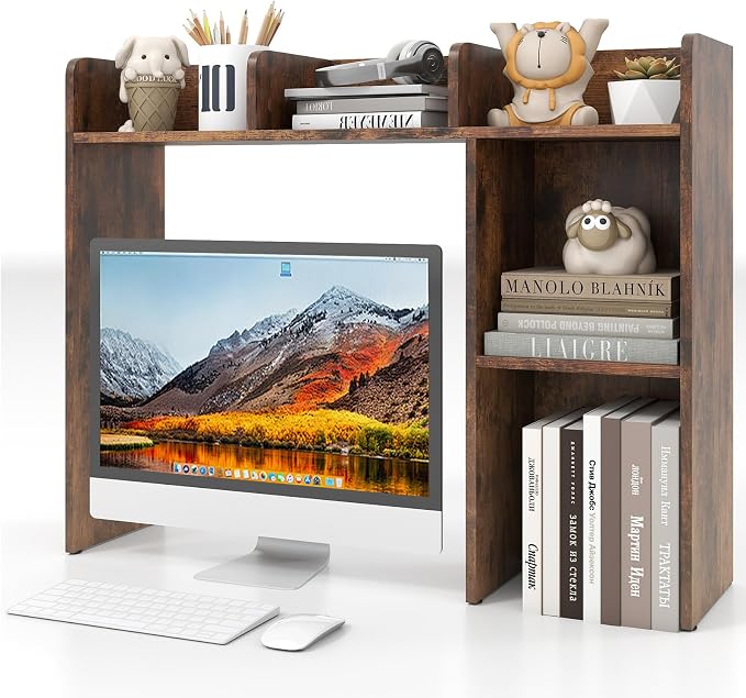 Giantex Desktop Bookshelf, Wood Desk Hutch Organizer for 27 Inch Computer Monitor, Countertop Storage Display Rack with 5 Shelves, Multipurpose Desktop Shelf Bookcase for Dorm Office Home, Brown