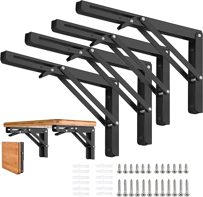Folding Shelf Brackets - 8 inch 4Pcs Heavy Duty Metal Collapsible Shelf Bracket, DIY Wall Mounted Foldable Shelf Bracket, Space Saving for Bench Table