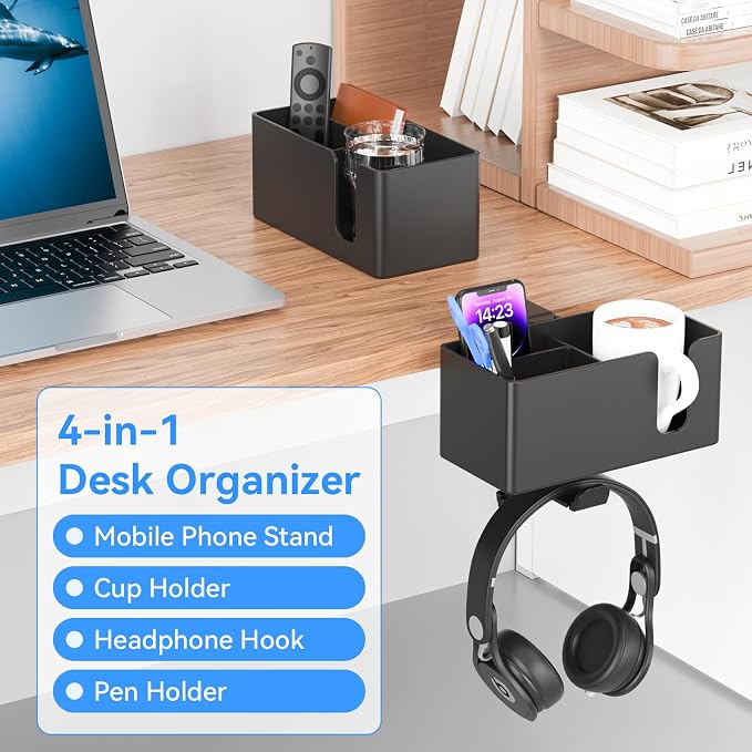 Desk Cup Holder Clamp with Headphone Hanger and Storage Tray | Clamp on design, rotating headphone hanger, detachable storage tray, cable holes, fits 5-50mm desks