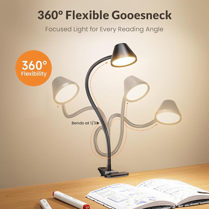LEPOWER Clip on Light, 7W Reading Lights for Books in Bed with 5 Colors & Stepless Dimming, RG0 Eye-Care, Amber Glow Light & Auto Timer, Strong Clamp with Adapter for Headboard, Bedside, Desk, Black