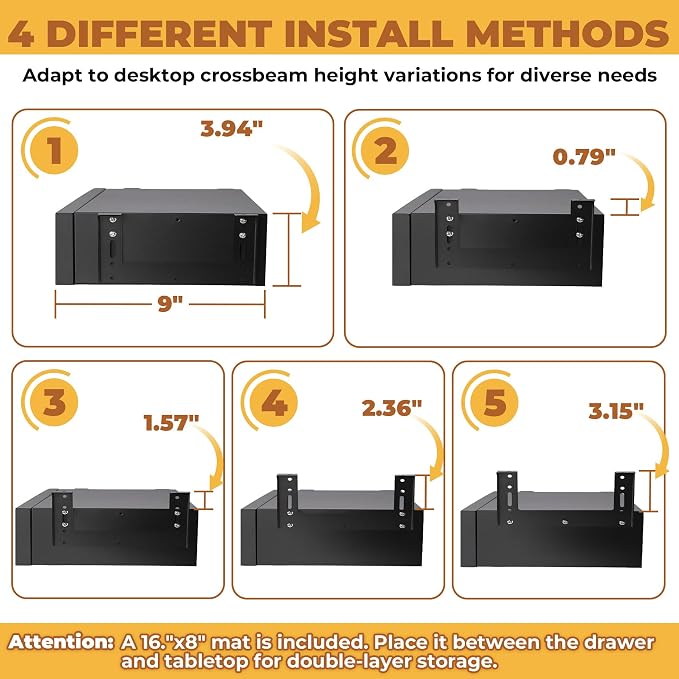 POPMOON 16.6" Under Desk Drawer, Adjustable Pull-Out Storage Organizer | Carbon steel drawer with 5 height settings, smooth slide rails, fits flat wooden and standing desks, supports up to 33 lb