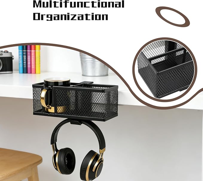 Multifunctional Clamp On Cup Holder & Desk Organizer, Space-Saving Desk Cup Holder with Headphone Hook for Office, Home - Holds Drinks, Phone, Stationery