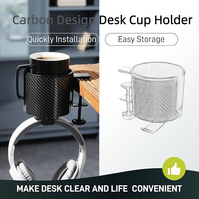 Luxury 2-in-1 Anti-Spill Cup Holder with Under Desk Headphone Hanger (Racing Carbon Edition)